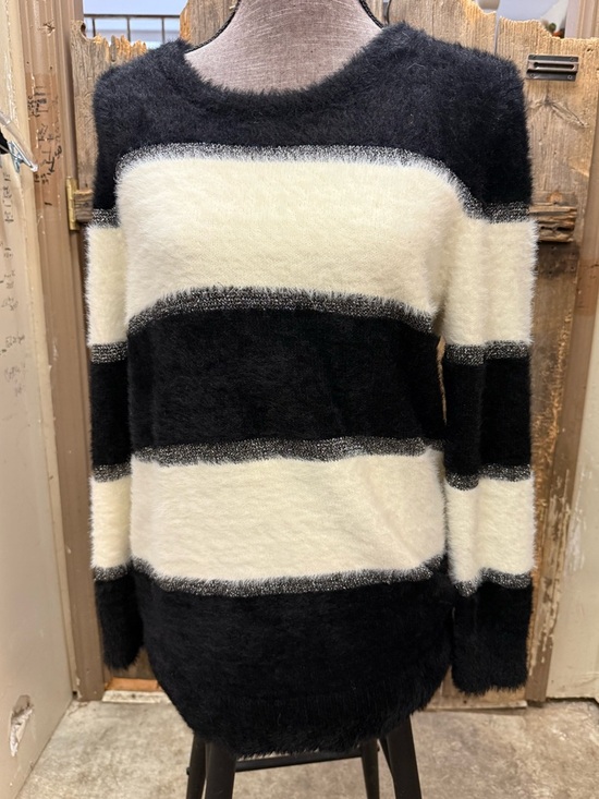 Andrew Marc Sweaters - Andrew Marc Black & Cream Striped Fuzzy Crewneck Sweater